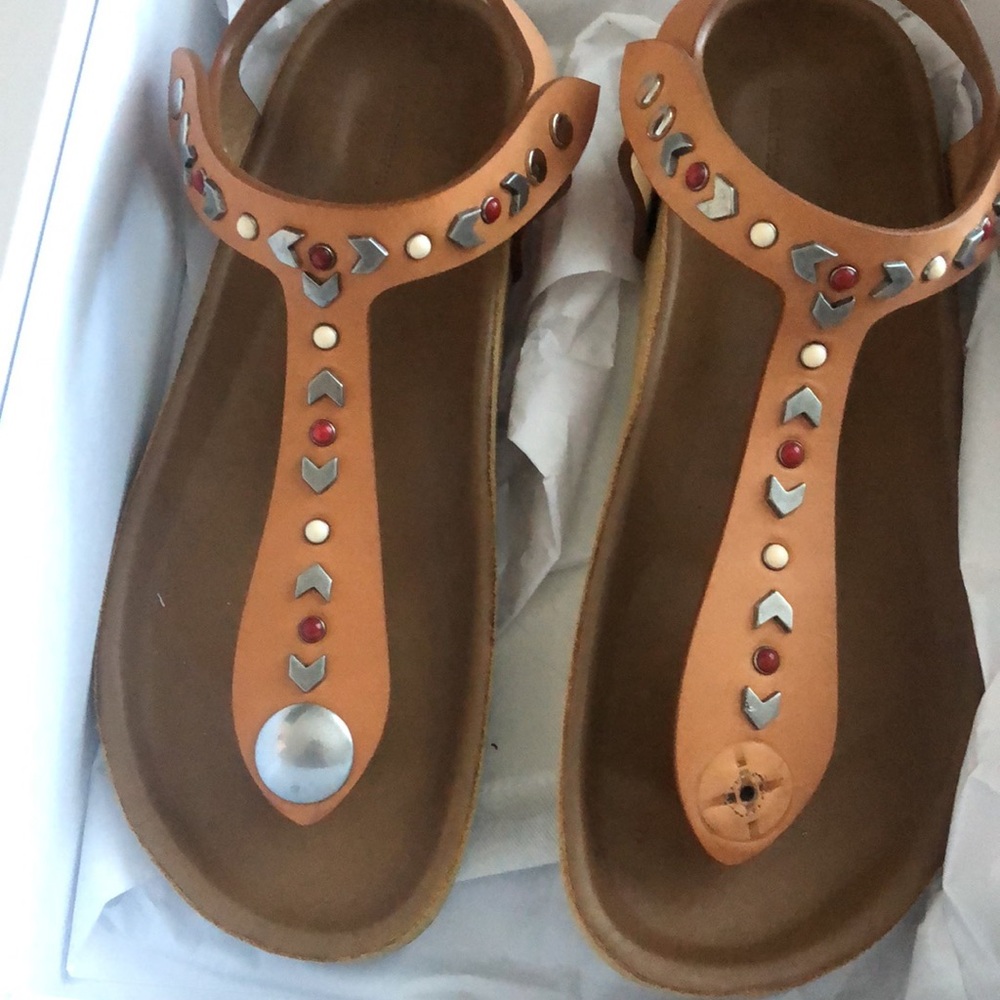 Isabel Marant Tan Leather Studded T-Strap Sandals with Red Accents